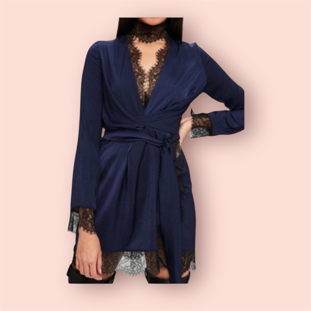 Carli Bybel x Missguided navy blue satin black eyelash lace tie cocktail dress